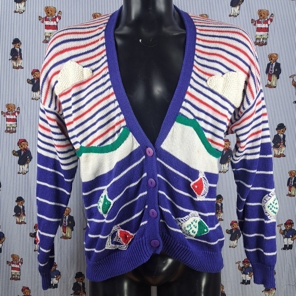 Vintage Robert Scott Ltd hand knit mix blend 3D texture LG ocean scene cardigan